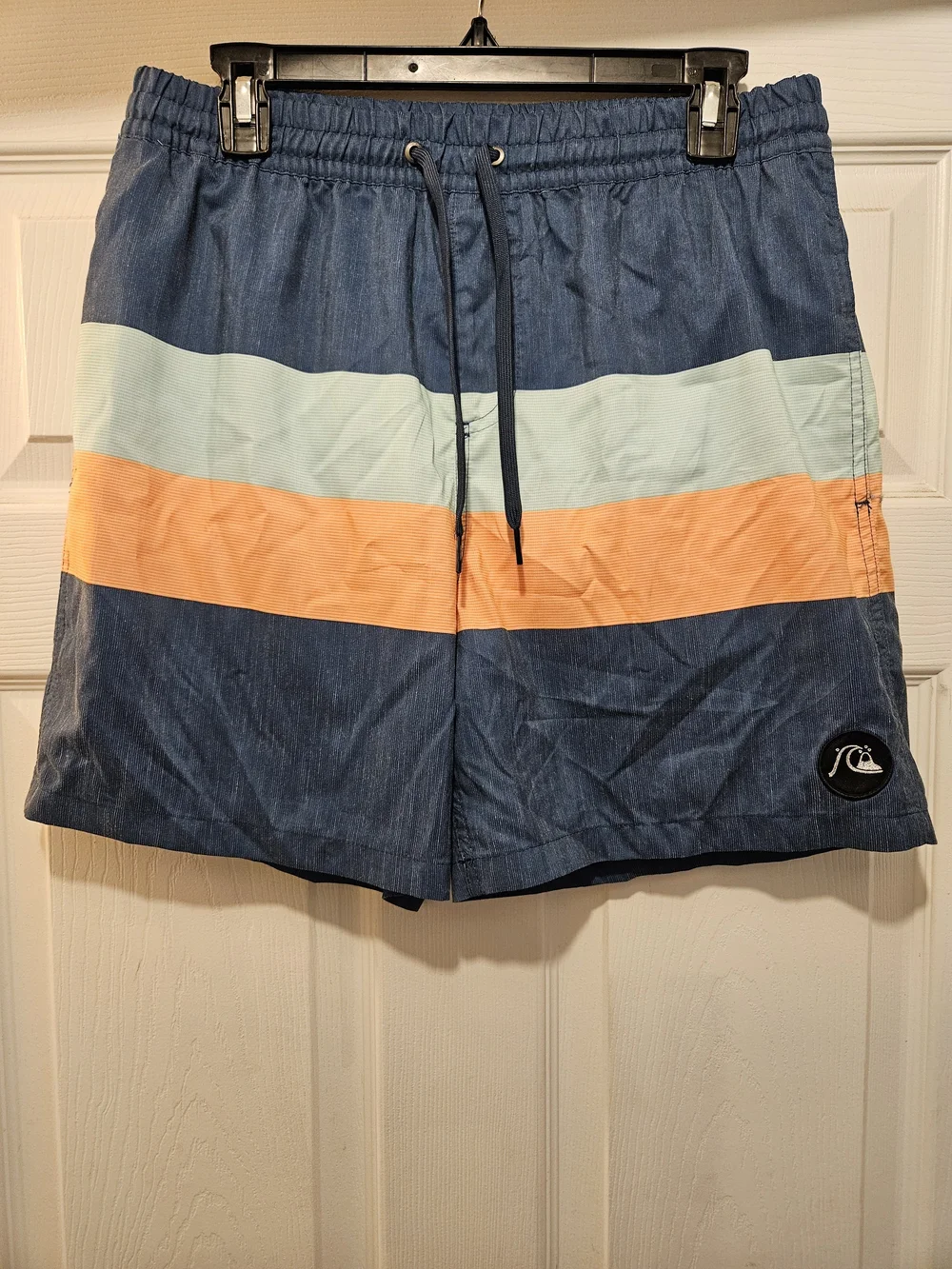Quiksilver Men's Navy Board Shorts with Light Blue and Orange Stripes